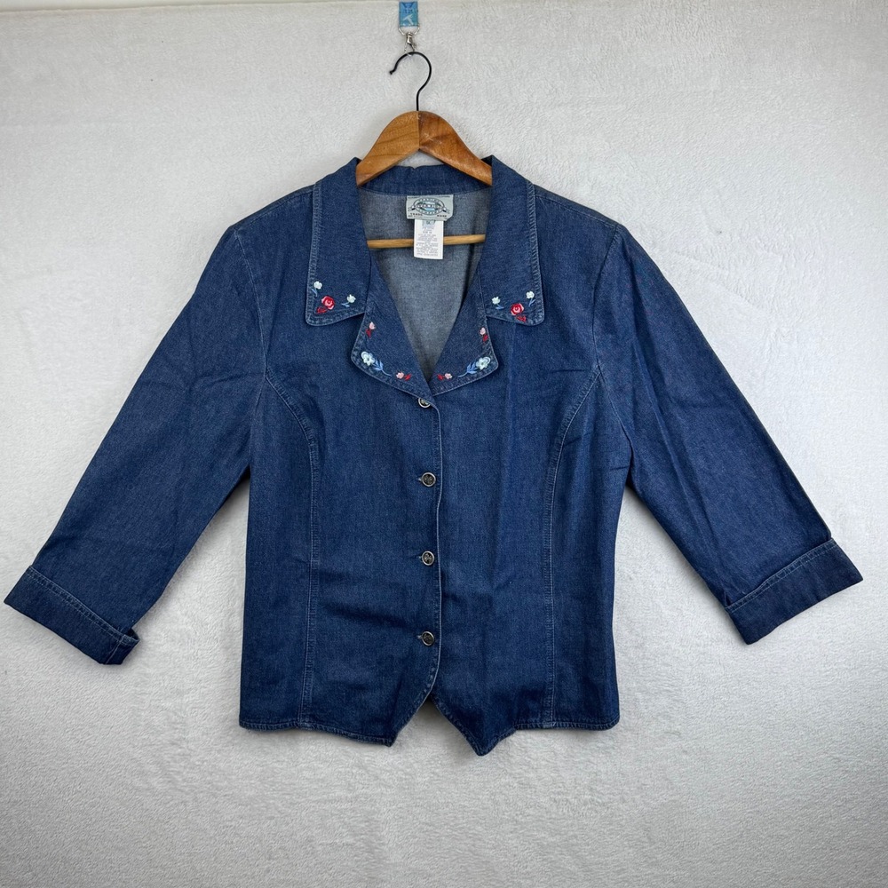 River Ridge Company Denim Blazer Jacket Floral‎ Embroidered Collar Women 1X